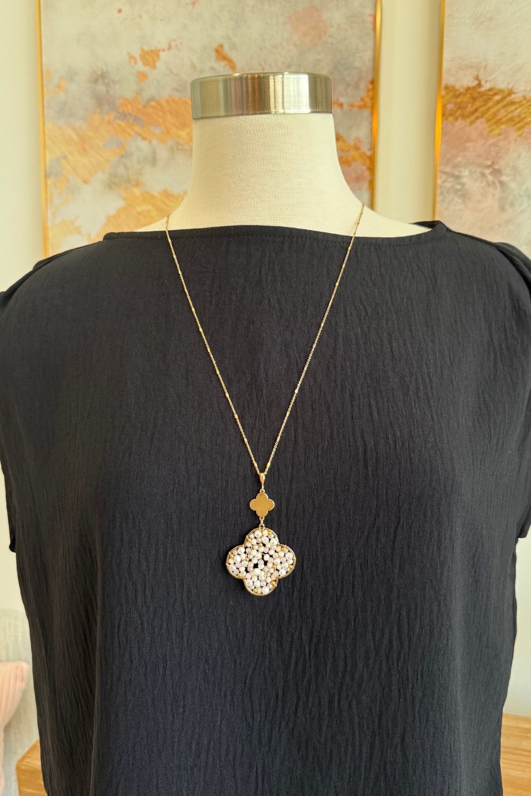 Charming Beaded & Pearl Clover Necklace