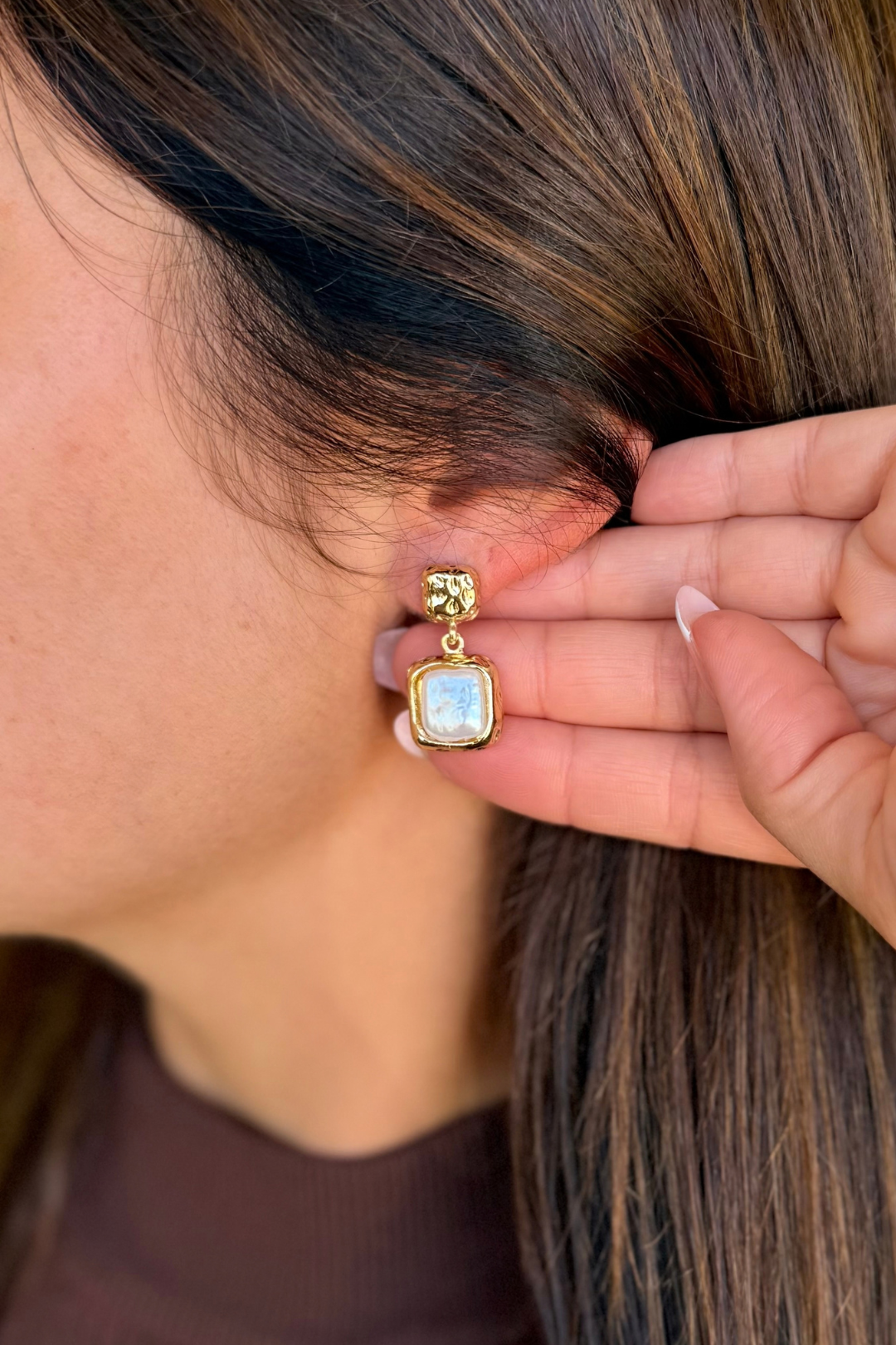 Golden Square Pearl Earrings