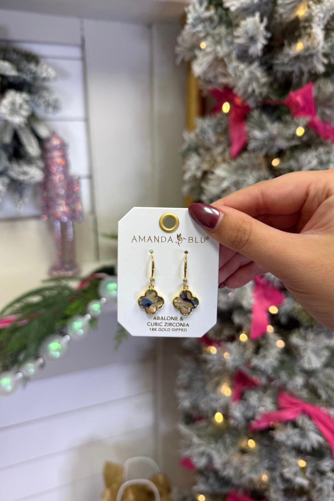 Gold Abalone Tan Clover Drop Earrings
