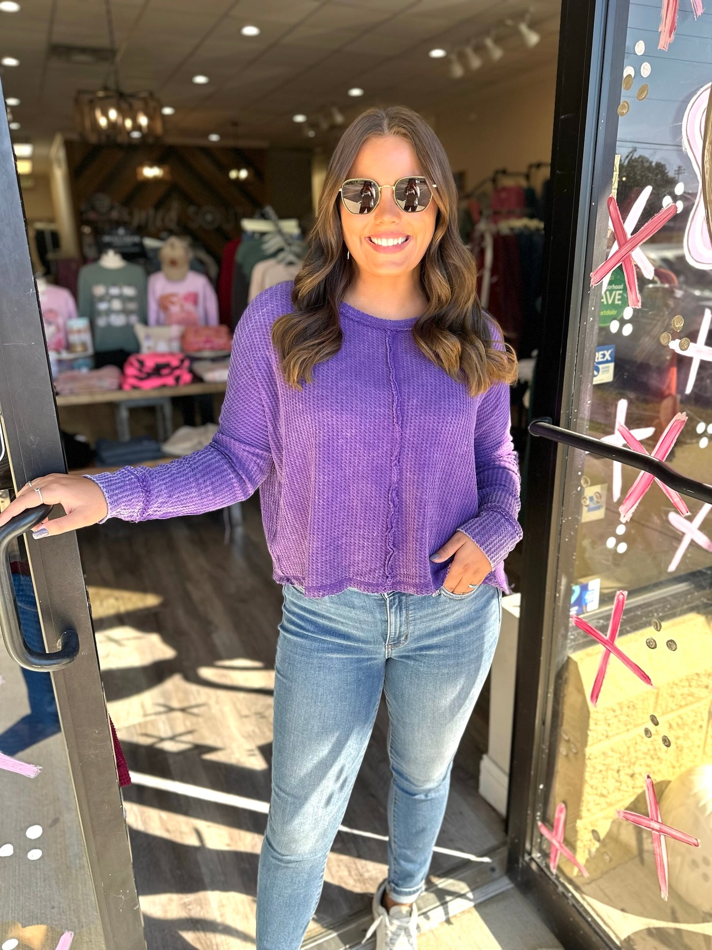 Washed Waffle Long Sleeve Top **Final Sale**