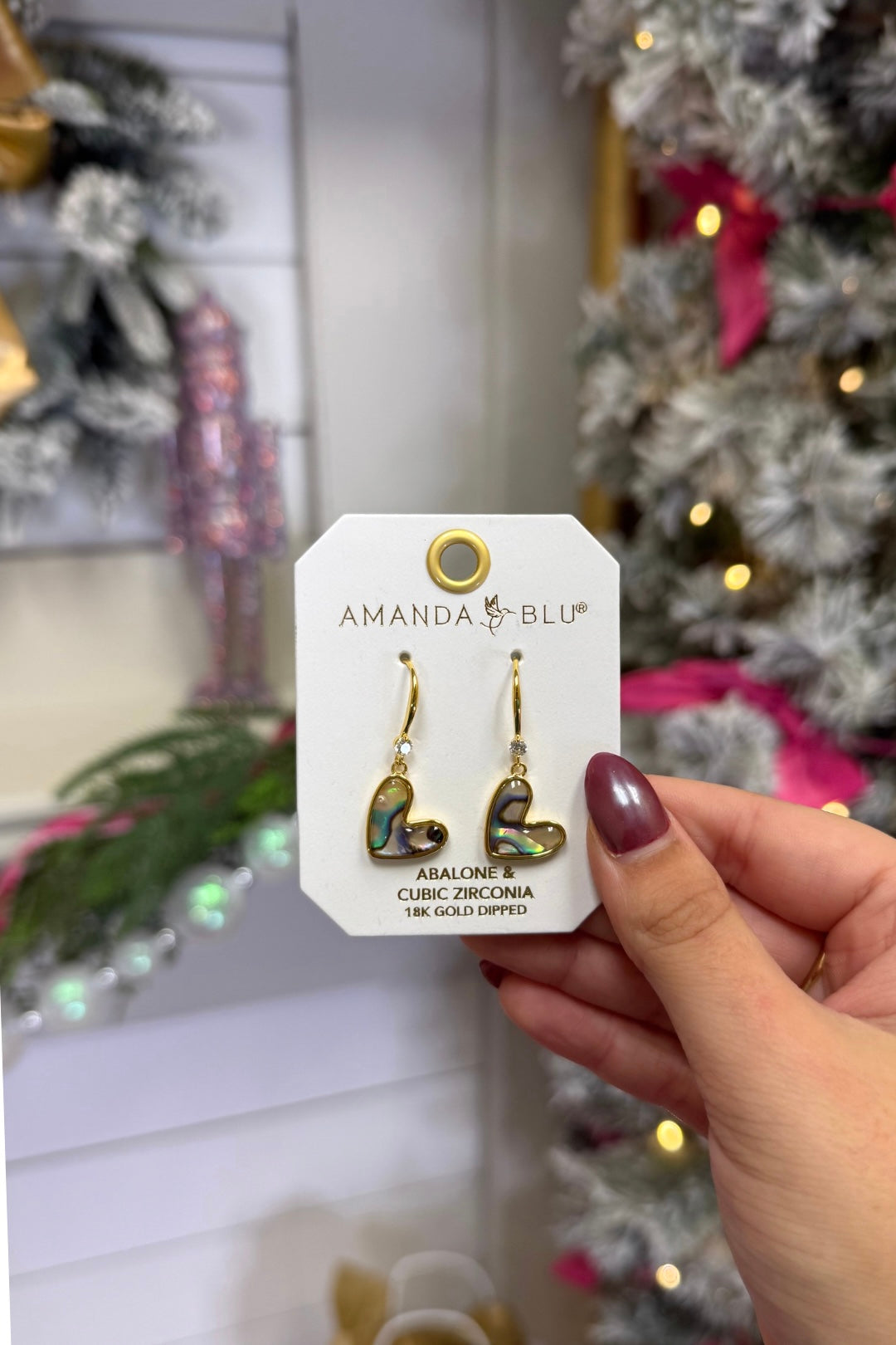 Gold Abalone Tan Heart Drop Earrings