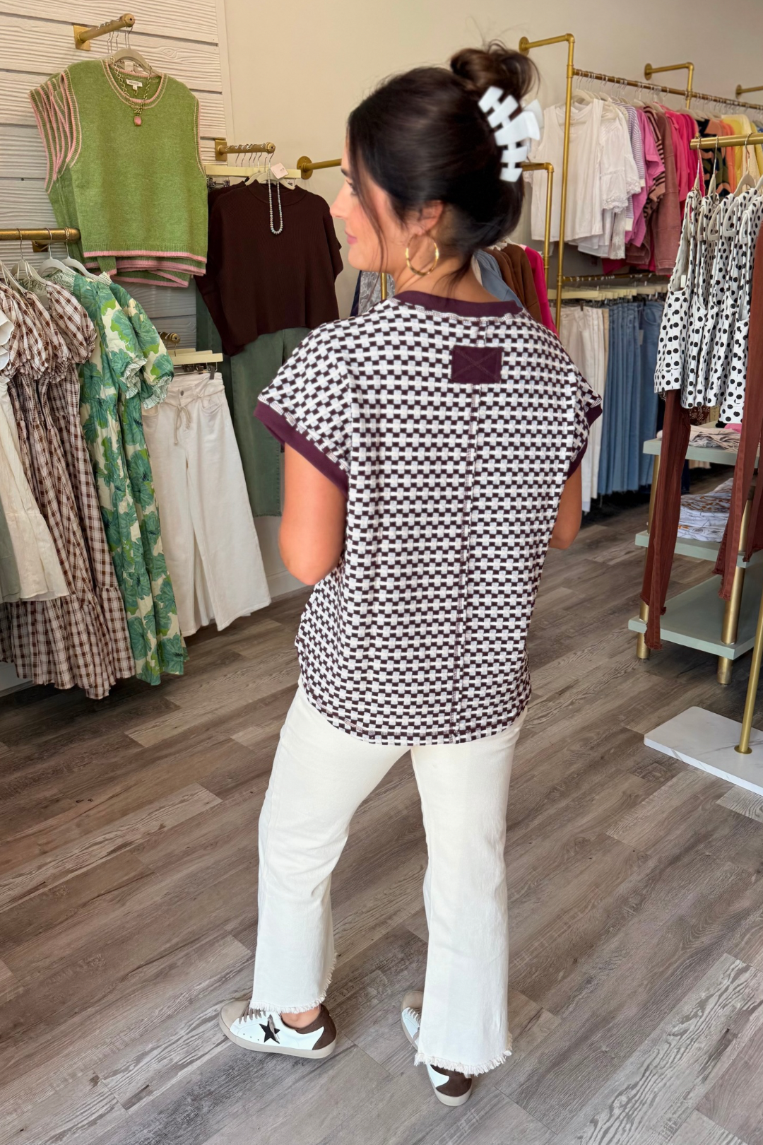 Wine Down Check Knit Top