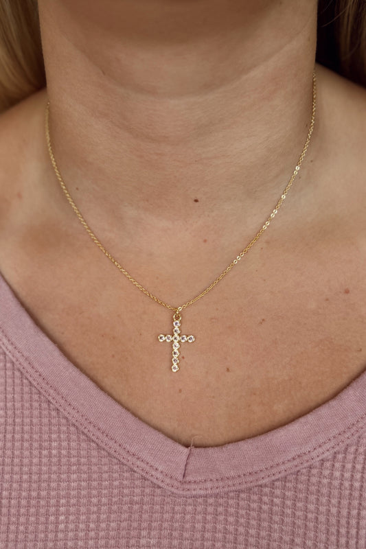 Gold CZ Round Set Pink Cross Necklace