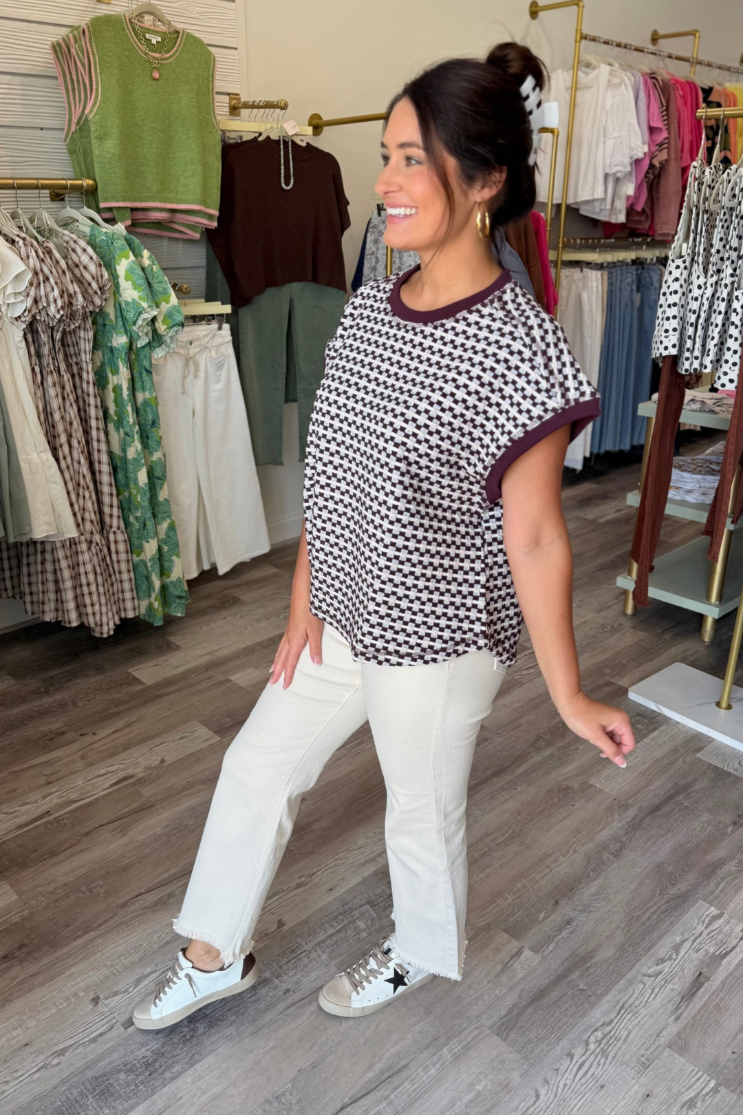 Wine Down Check Knit Top