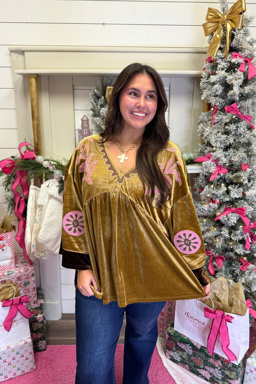 Golden Velvet Embroidered Top