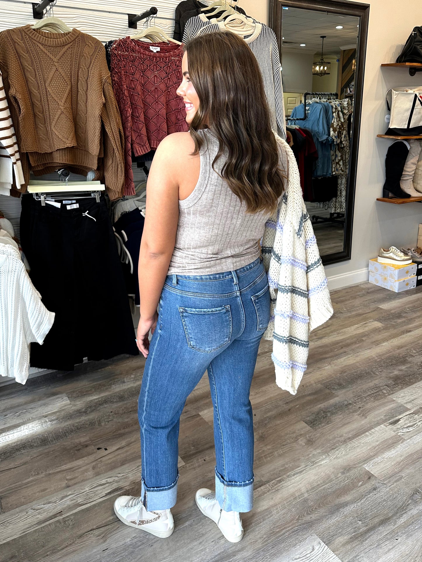 High Rise Seam Detail Cuffed Jeans