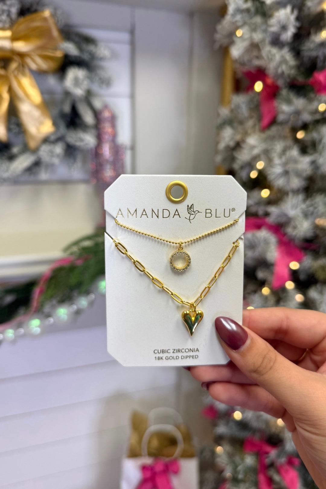 Gold CZ Dual Layer Circle Heart Necklace