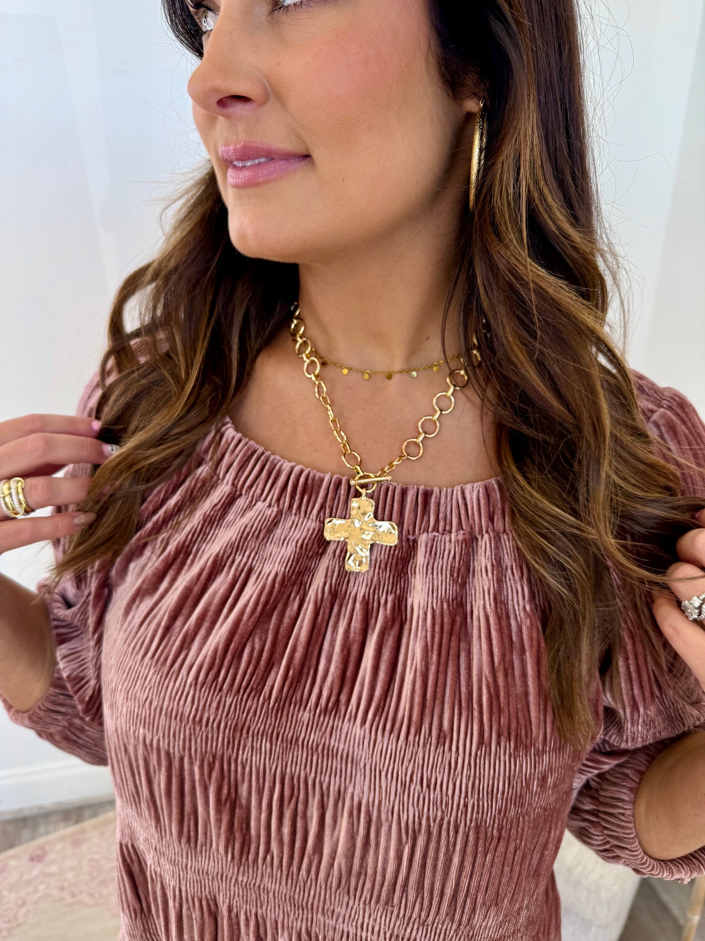 Hammered Cross Front Toggle Necklace