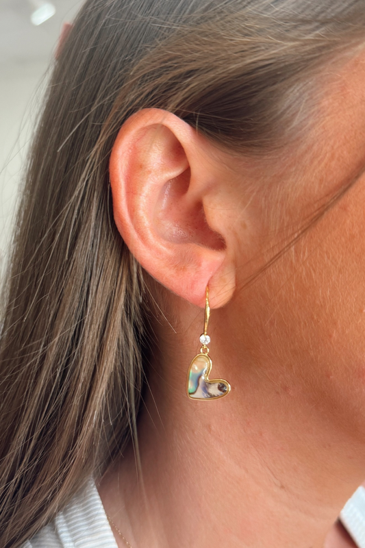 Gold Abalone Tan Heart Drop Earrings