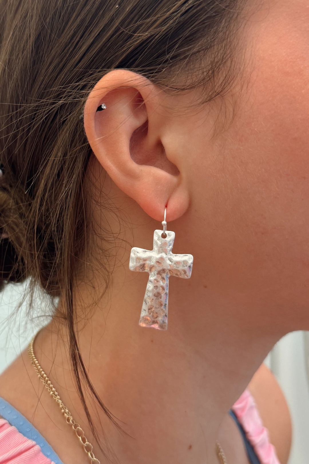 Hammered Grace Cross Earrings