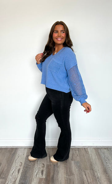 Crochet Sleeve V-Neck Sweater