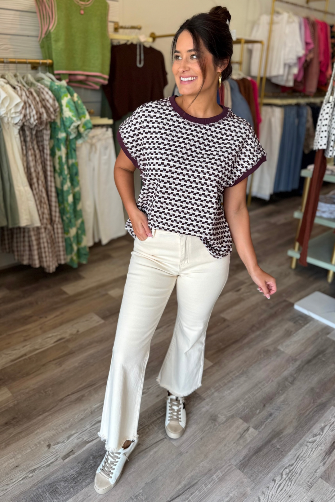 Wine Down Check Knit Top