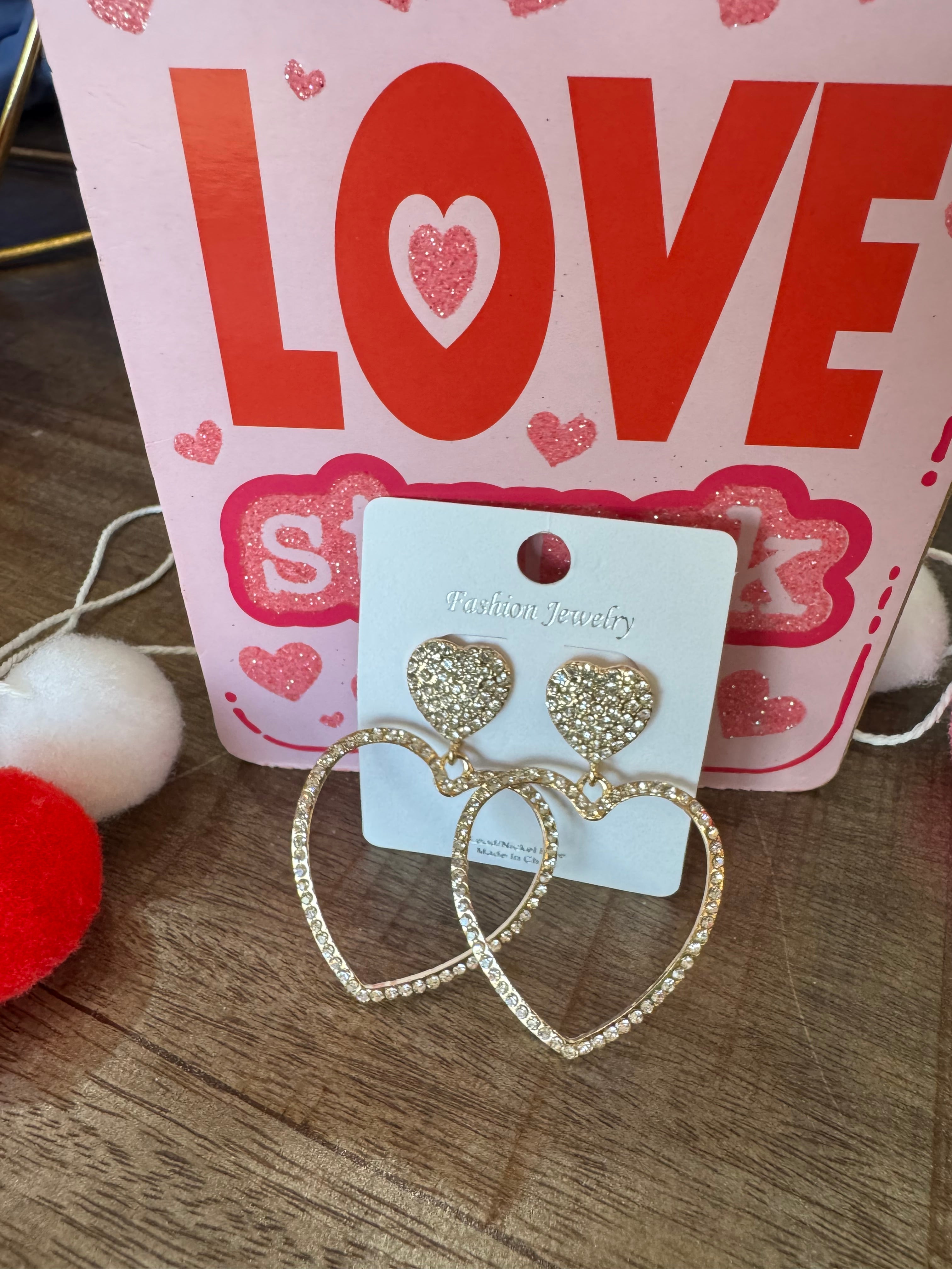 Double The Heart Rhinestone Dangle Earrings