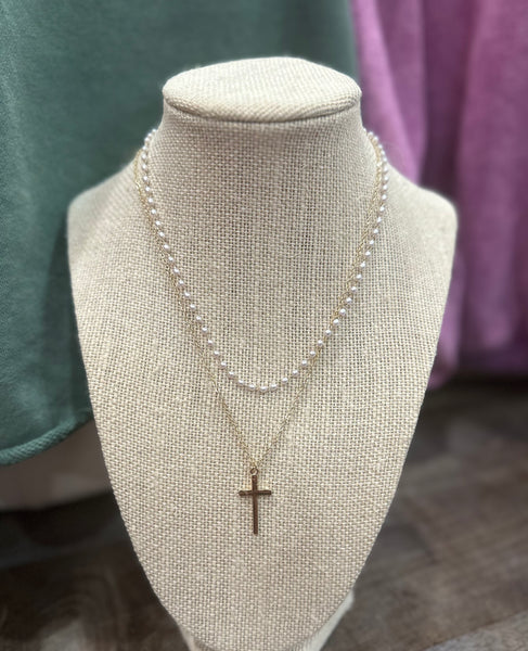 Pearls & Cross Pendant Layered Necklace