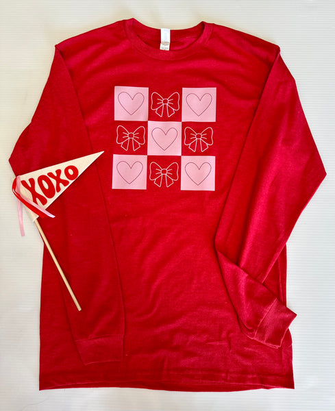 Bows & Hearts Checkered Long Sleeve Tee