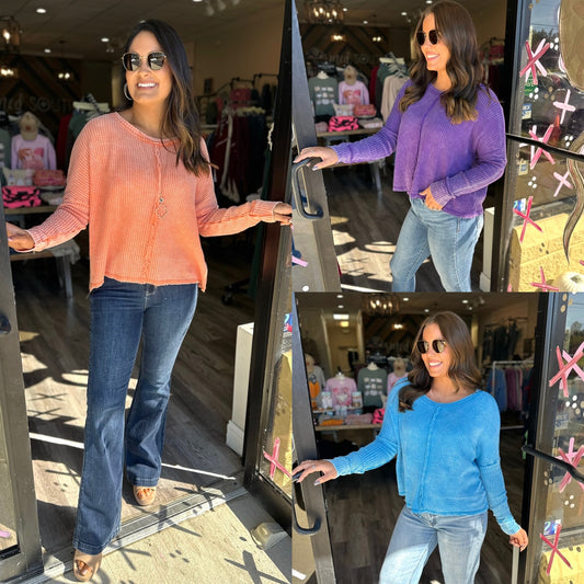 Washed Waffle Long Sleeve Top **Final Sale**