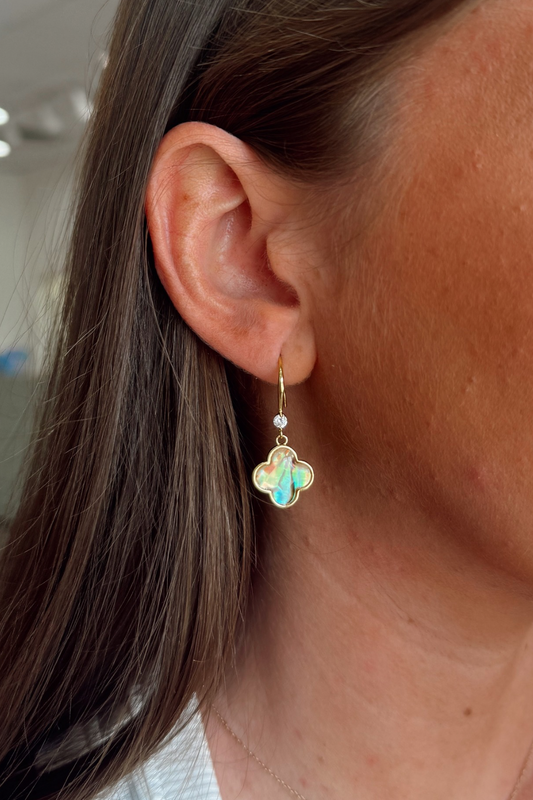 Gold Abalone Tan Clover Drop Earrings