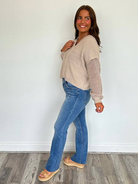 Crochet Sleeve V-Neck Sweater