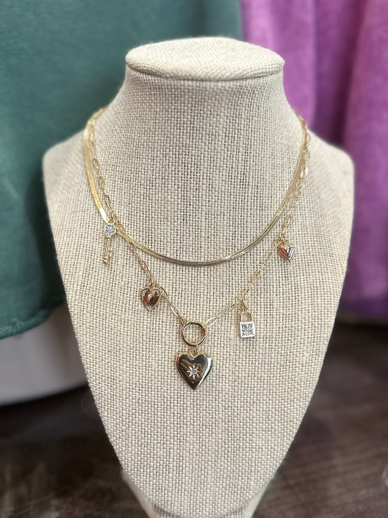 Heart & Lock Pendants Layered Necklace