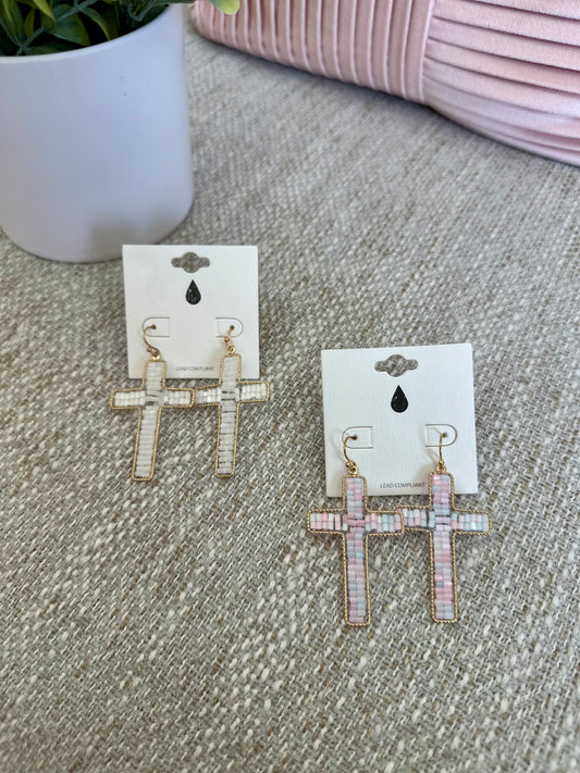 Seed Beaded Cross Drop Earrings