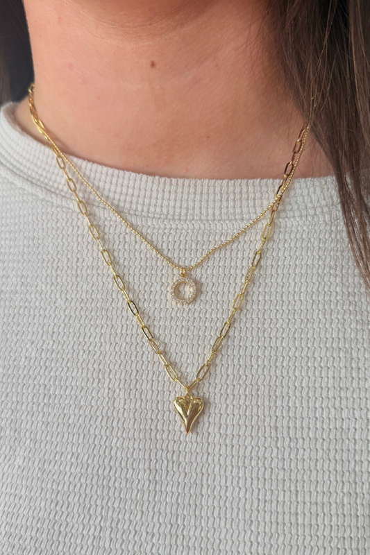 Gold CZ Dual Layer Circle Heart Necklace