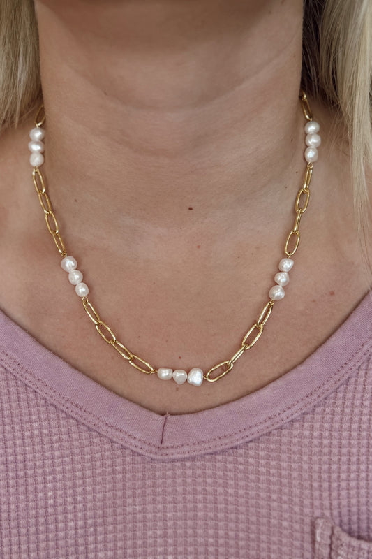 Gold Pearl & Link Necklace